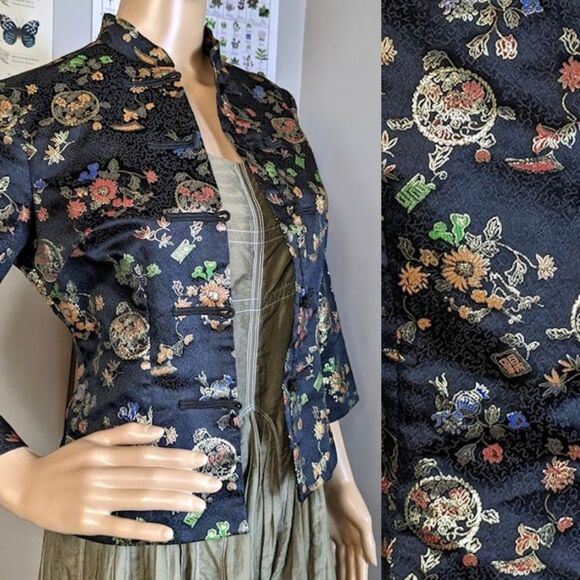 Vintage Frederick's of Hollywood Cheongsam Jacket Floral Brocade Metallic 6 - Picture 2 of 12